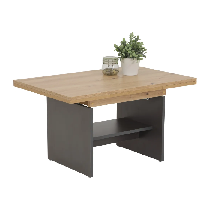Couchtisch mit Funktionen Marcel - Nachbildung Artisan Eiche - Wangengestell/Ablage Anthrazit-ausziehbar & höhenverstellbar 90-142x60x47-57cm