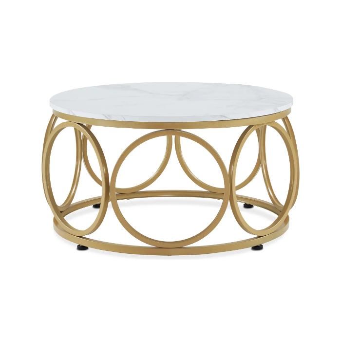 M MCombo Couchtisch Rund Holz, Modern Sofatisch Marmor Weiß Gold, Klein Kaffeetisch Metallgestell, Beistelltisch für Wohnzimmer, Durchmesser 80cm, 2102